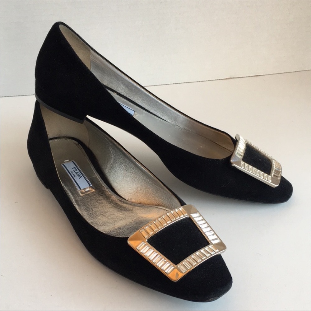 Prada Satin Flats With Rhinestone Buckle
